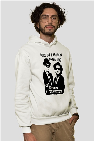Blue Brothers Beyaz Unisex Kapşonlu Sweatshirt