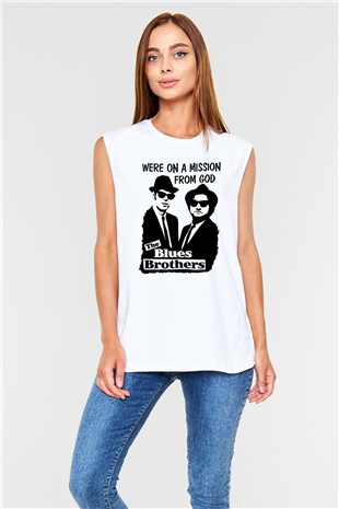 Blue Brothers Beyaz Unisex Kolsuz Tişört