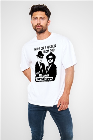 Blue Brothers Beyaz Unisex Oversize Tişört
