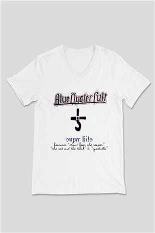 Blue Oyster Cult Baskılı Beyaz Unisex V Yaka Tişört - Tshirt