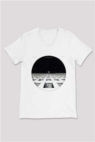 Blue Oyster Cult Baskılı Beyaz Unisex V Yaka Tişört - Tshirt