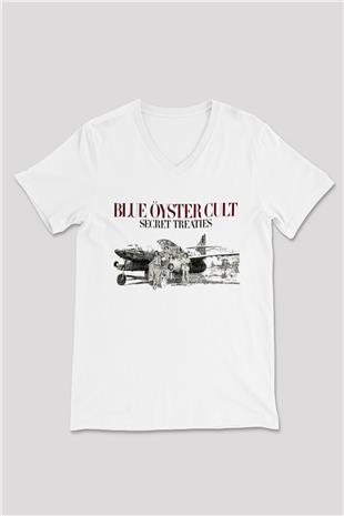 Blue Oyster Cult Baskılı Beyaz Unisex V Yaka Tişört - Tshirt