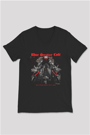 Blue Oyster Cult Baskılı Unisex Siyah V Yaka Tişört - Tshirt