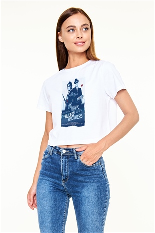 Blues Brothers Beyaz  Crop Top Tişört