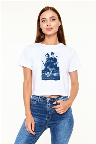 Blues Brothers Beyaz  Crop Top Tişört