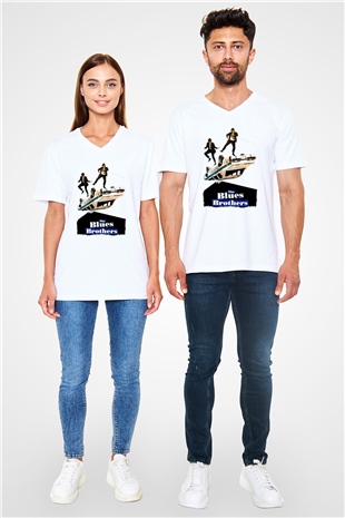 Blues Brothers Beyaz Unisex V Yaka Tişört