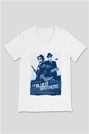 Blues Brothers Beyaz Unisex V Yaka Tişört