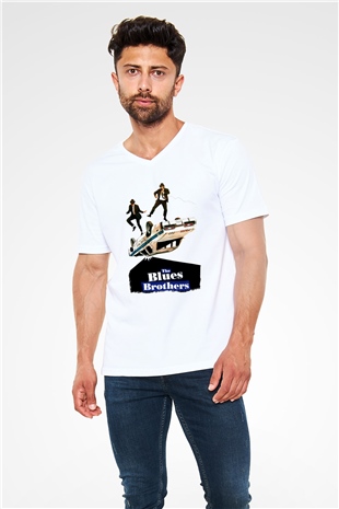 Blues Brothers Beyaz Unisex V Yaka Tişört