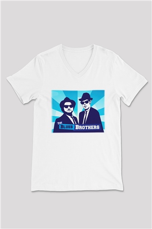 Blues Brothers Beyaz Unisex V Yaka Tişört T-Shirt