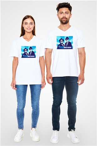 Blues Brothers Beyaz Unisex V Yaka Tişört T-Shirt