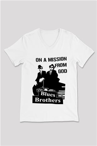 Blues Brothers Beyaz Unisex V Yaka Tişört T-Shirt