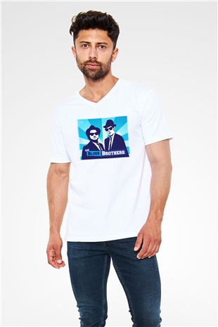 Blues Brothers Beyaz Unisex V Yaka Tişört T-Shirt