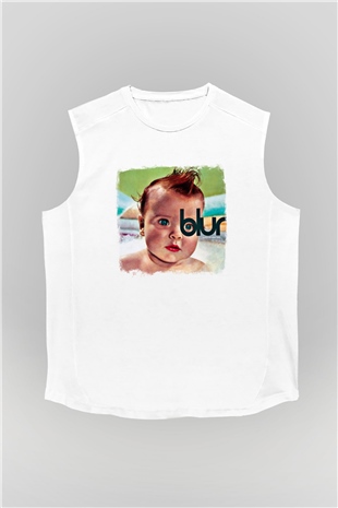 Blur Baskılı Unisex Beyaz Kolsuz Tişört