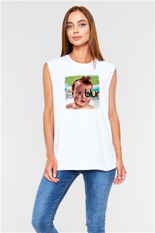 Blur Baskılı Unisex Beyaz Kolsuz Tişört