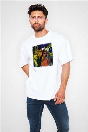 Blur Baskılı Unisex Beyaz Oversize Tişört