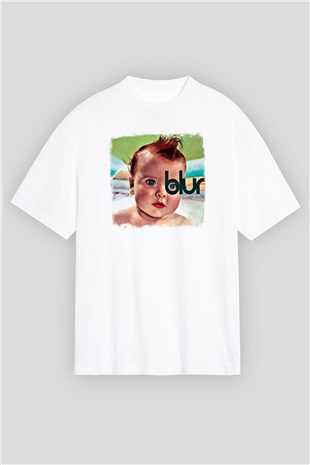 Blur Baskılı Unisex Beyaz Oversize Tişört