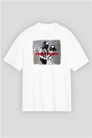 Blur Baskılı Unisex Beyaz Oversize Tişört