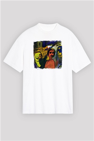 Blur Baskılı Unisex Beyaz Oversize Tişört