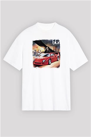 Blur Baskılı Unisex Beyaz Oversize Tişört