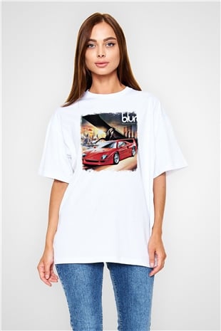 Blur Baskılı Unisex Beyaz Oversize Tişört