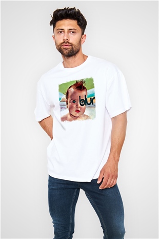 Blur Baskılı Unisex Beyaz Oversize Tişört