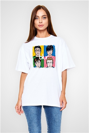 Blur Baskılı Unisex Beyaz Oversize Tişört