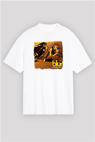 Blur Baskılı Unisex Beyaz Oversize Tişört