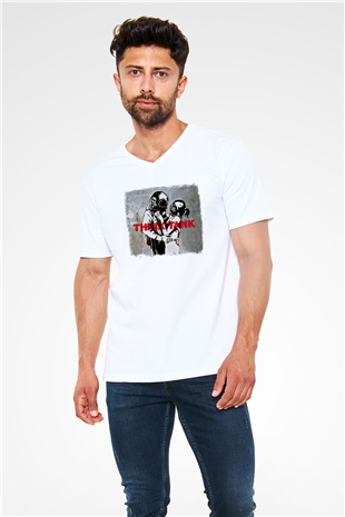 Blur Baskılı Unisex Beyaz V Yaka Tişört