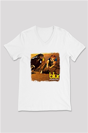 Blur Baskılı Unisex Beyaz V Yaka Tişört