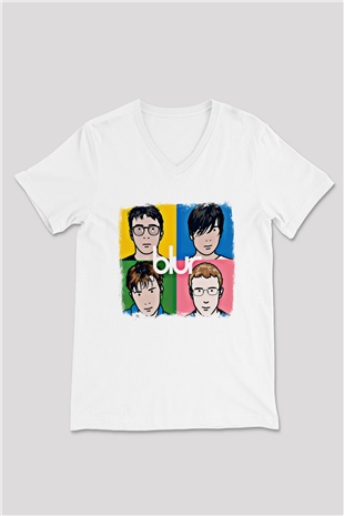 Blur Baskılı Unisex Beyaz V Yaka Tişört