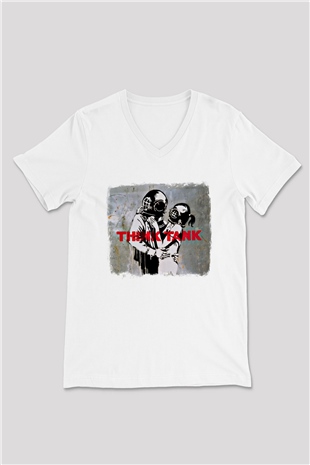 Blur Baskılı Unisex Beyaz V Yaka Tişört