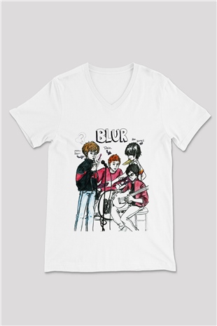 Blur Beyaz Unisex V Yaka Tişört T-Shirt