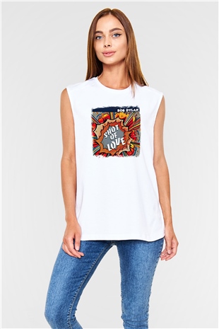 Bob Dylan Baskılı Unisex Beyaz Kolsuz Tişört