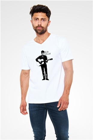 Bob Dylan Beyaz Unisex V Yaka Tişört