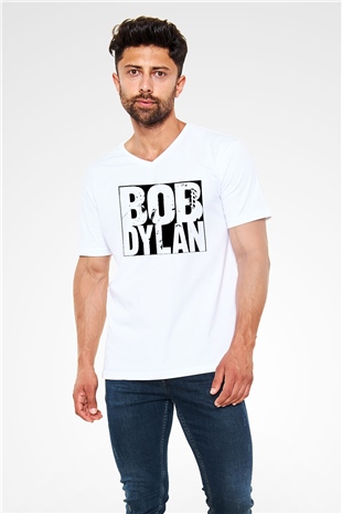 Bob Dylan Beyaz Unisex V Yaka Tişört T-Shirt