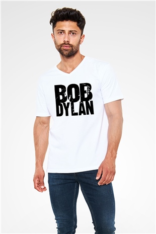 Bob Dylan Beyaz Unisex V Yaka Tişört T-Shirt