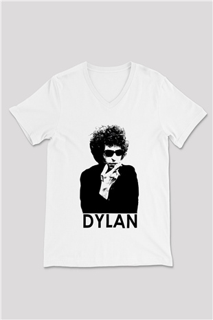 Bob Dylan Beyaz Unisex V Yaka Tişört T-Shirt