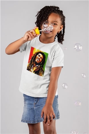 Bob Marley Baskılı Beyaz Unisex Çocuk Tişört
