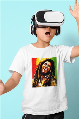 Bob Marley Baskılı Beyaz Unisex Çocuk Tişört