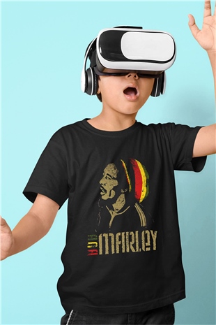 Bob Marley Baskılı Siyah Unisex Çocuk Tişört