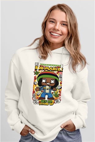Bob Marley Baskılı Unisex Beyaz Hoodie