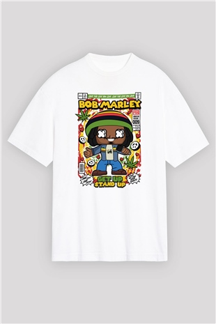 Bob Marley Baskılı Unisex Beyaz Oversize Tişört