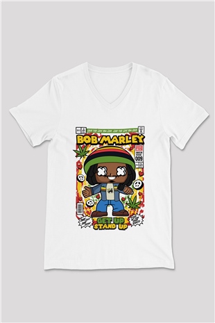 Bob Marley Baskılı Unisex Beyaz V Yaka Tişört