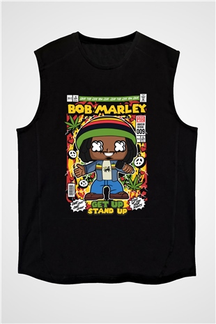 Bob Marley Baskılı Unisex Siyah Kolsuz Tişört