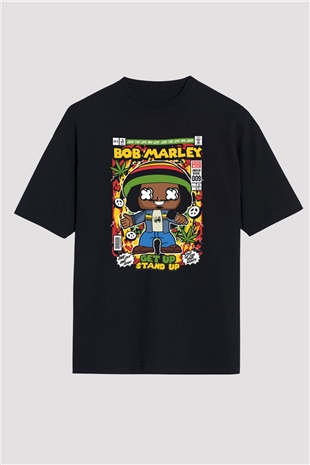 Bob Marley Baskılı Unisex Siyah Oversize Tişört
