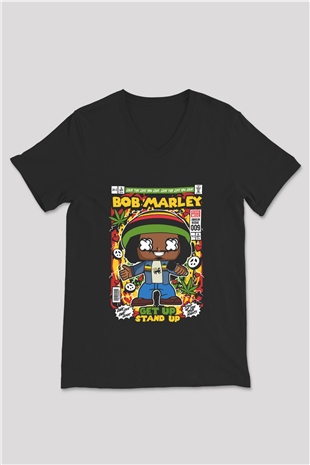 Bob Marley Baskılı Unisex Siyah V Yaka Tişört