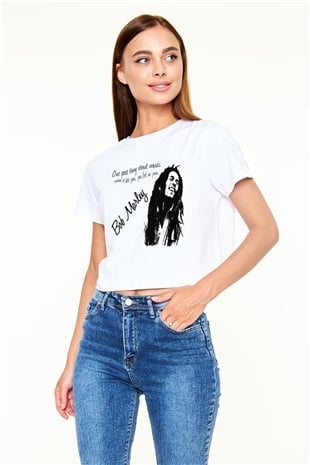 Bob Marley Beyaz Croptop Tişört