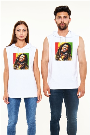 Bob Marley Beyaz Unisex Kapüşonlu Kolsuz Tişört