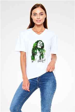 Bob Marley Beyaz Unisex V Yaka Tişört T-Shirt