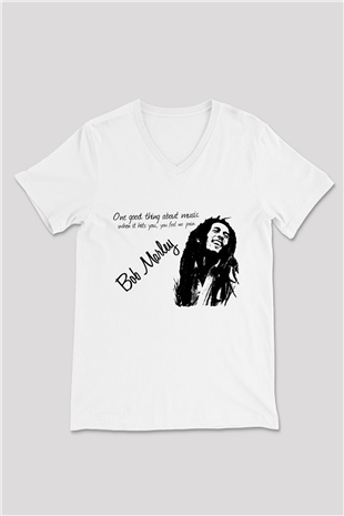 Bob Marley Beyaz Unisex V Yaka Tişört T-Shirt